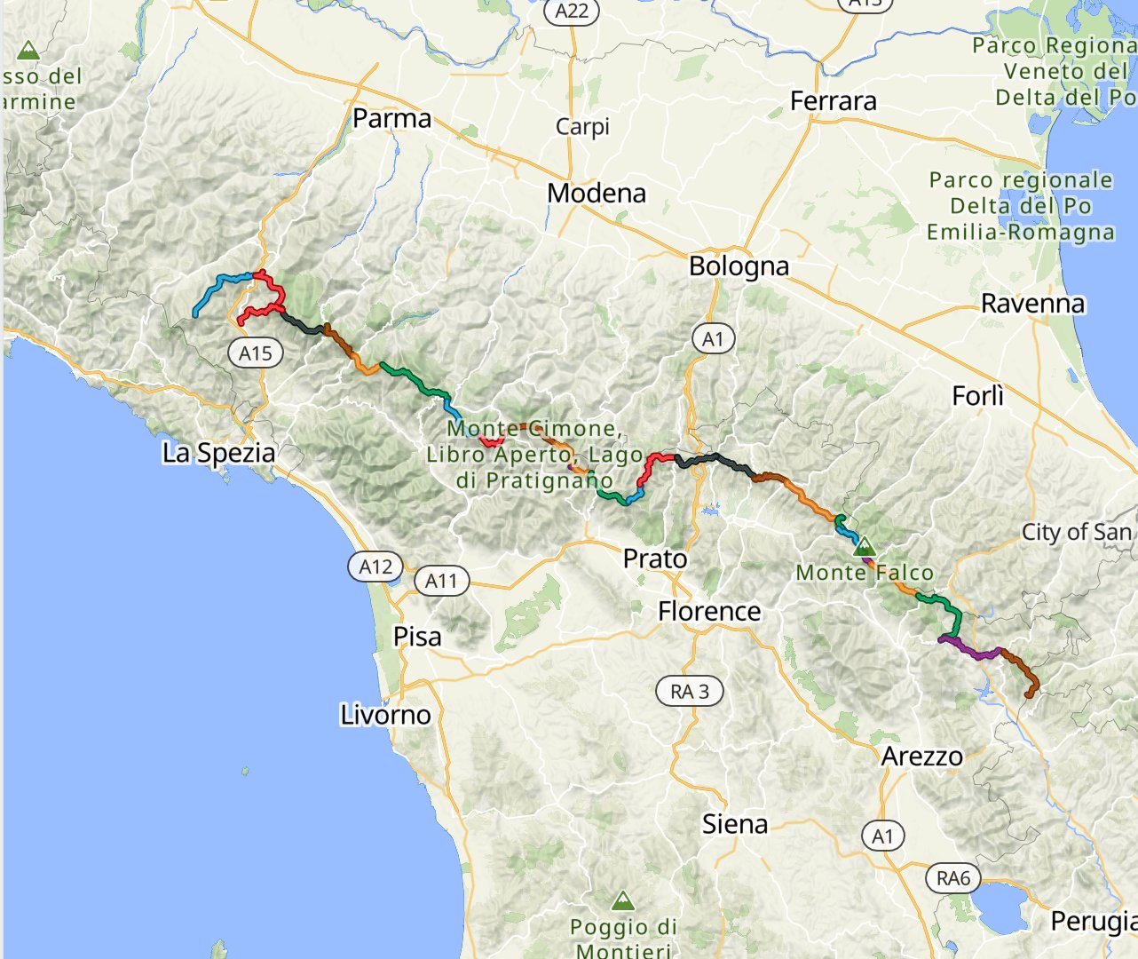 Route map of the Tra Cielo e GEA traverse across the Tuscan-Emilian Apennines